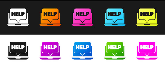 Set Laptop and help icon isolated on black and white background. Adjusting, service, setting, maintenance, repair, fixing. Vector Illustration.