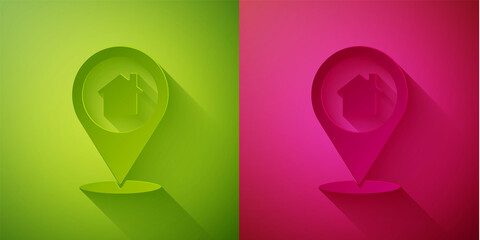 Paper cut Map pointer with house icon isolated on green and pink background. Home location marker symbol. Paper art style. Vector Illustration.