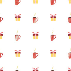 Vintage seamless pattern for decorative design with cup and gift box. Winter christmas holiday backdrop. Merry christmas background.