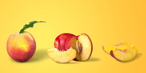 Fresh ripe whole, half and sliced peaches