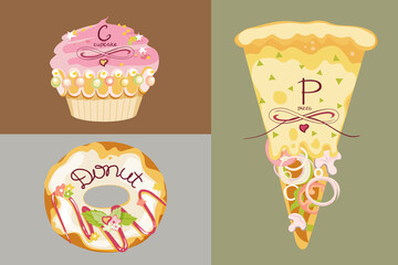 Delicious pastries. Cupcake, Donut and Pizza.