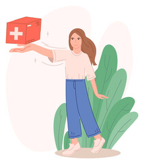 Girl shows medicine chest vector illustration cartoon flat design modern style