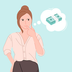 cartoon flat secretary thinks about money vector illustration