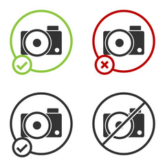 Black Photo camera icon isolated on white background. Foto camera icon. Circle button. Vector Illustration.