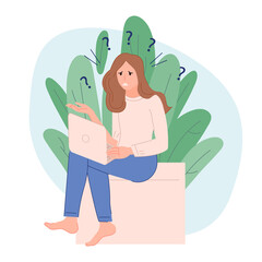 Surprised girl looking at a laptop on plants background vector illustration cartoon flat design modern style
