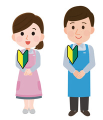 案内する店員の男女　初心者マーク　イラスト