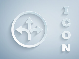 Paper cut Road traffic sign. Signpost icon isolated on grey background. Pointer symbol. Isolated street information sign. Direction sign. Paper art style. Vector Illustration.