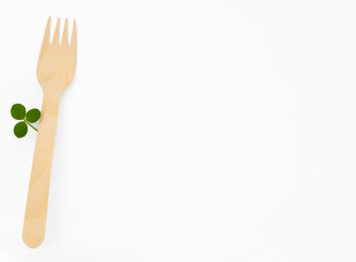 wooden fork with green leaf on white background