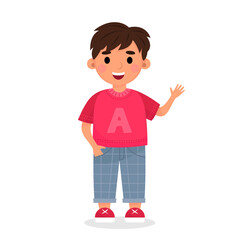 A cheerful boy in a t-shirt and trousers waves his hand. Vector illustration isolated on a white background.