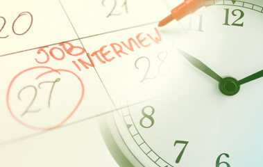 Collage of clock and calendar with text JOB INTERVIEW