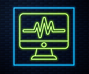 Glowing neon line Computer monitor with cardiogram icon isolated on brick wall background. Monitoring icon. ECG monitor with heart beat hand drawn. Vector Illustration.
