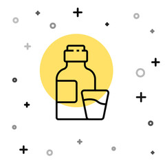 Black line Bottle of medicine syrup and dose measuring cup solid icon isolated on white background. Random dynamic shapes. Vector Illustration.