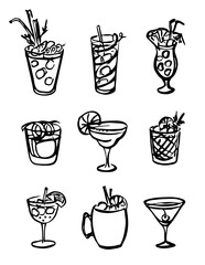 Collection set of icon hand-drawn doodle cartoon style vector illustration. Various alcohol cocktail glasses high ball martini margarita old fashioned Moscow mule. For card, poster or bar menu recipe