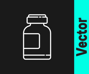 White line Sports nutrition bodybuilding proteine power drink and food icon isolated on black background. Vector Illustration.