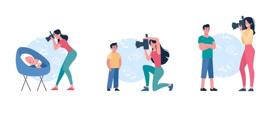 Mothers take pictures of children. A set of women who shoot at the camera of how their growing up sons: a newborn baby, a boy and a teenager. Photo from parents. Vector, flat minimal, isolated.