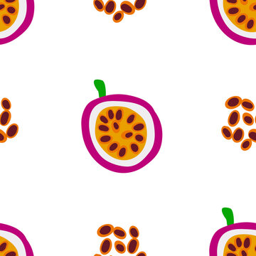 Exotic fruit pattern. Vector seamless background made in funny doodle style. Clipart food elements. Hand painted elements.