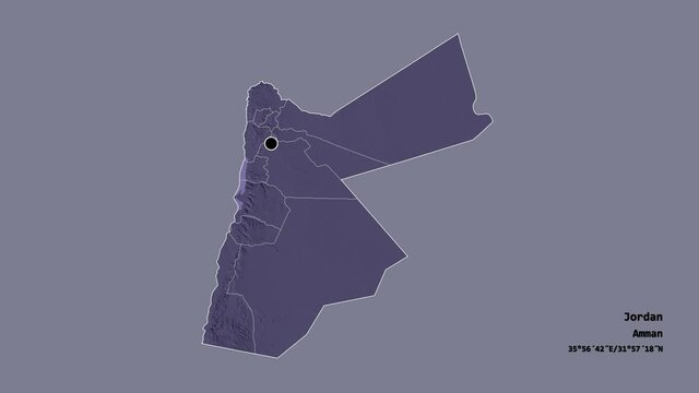 Ma`an, province of Jordan, with its capital, localized, outlined and zoomed with informative overlays on a administrative map in the Stereographic projection. Animation 3D