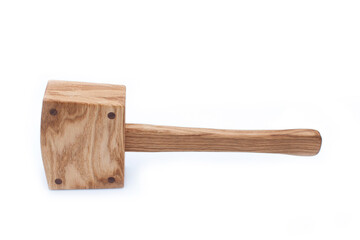 Wooden hammer on a white background. wooden hammer for locksmiths and carpenter. Oak hammer.