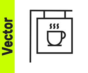 Black line Street signboard coffee icon isolated on white background. Vector Illustration.
