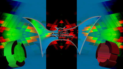 Illustrazione 3D con sfondo celeste e nero con quadrati colorati con immagine fantasy 3D