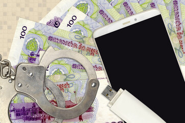 100 Cambodian riels bills and smartphone with police handcuffs. Concept of hackers phishing...