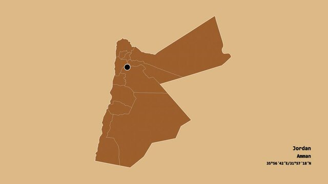 Madaba, province of Jordan, with its capital, localized, outlined and zoomed with informative overlays on a solid patterned map in the Stereographic projection. Animation 3D