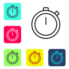 Black line Stopwatch icon isolated on white background. Time timer sign. Chronometer sign. Set icons in color square buttons. Vector Illustration.