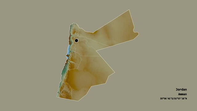 Madaba, province of Jordan, with its capital, localized, outlined and zoomed with informative overlays on a relief map in the Stereographic projection. Animation 3D