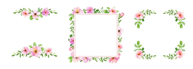 Watercolor square frame with rosehip flowers and leaves. Three frames on a white background. Hand drawing. Suitable for any occasion.