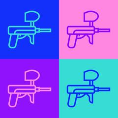 Pop art line Paintball gun icon isolated on color background. Vector Illustration.