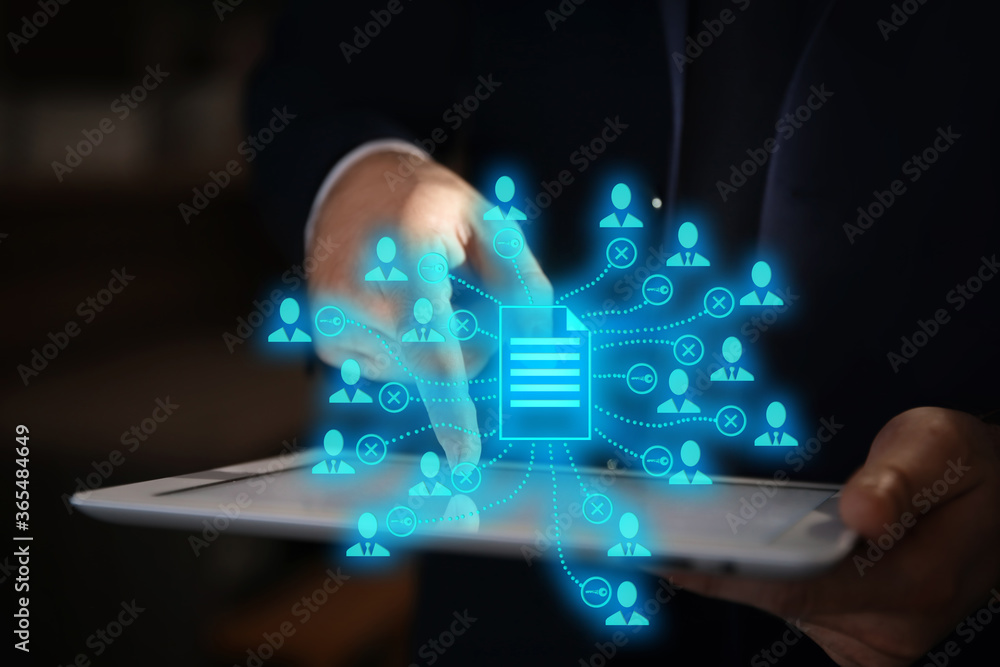 Poster access to documents. man using tablet, closeup. scheme over device