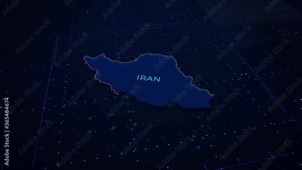 Poster 3d render of iran map. camera flying through digital space.