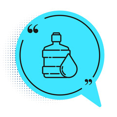 Black line Big bottle with clean water icon isolated on white background. Plastic container for the cooler. Blue speech bubble symbol. Vector Illustration.