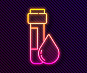 Glowing neon line Test tube with water drop icon isolated on black background. Vector Illustration.