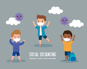back to school for new normal lifestyle concept, children wearing medical mask and social distancing protect coronavirus covid 19 vector illustration design
