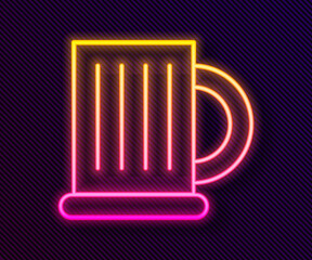 Glowing neon line Wooden beer mug icon isolated on black background. Vector Illustration.