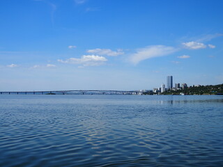 Beautiful view of the Saratov bridge across the Volga