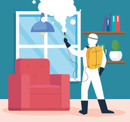 home disinfection by commercial disinfecting service, disinfection worker with protective suit and spray prevent covid 19 in living room house vector illustration design