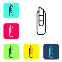 Black line Stationery knife icon isolated on white background. Office paper cutter. Set icons in color square buttons. Vector Illustration.