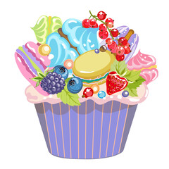     Cupcake decorated with sweets and berries.
