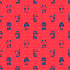 Blue line Garden light lamp icon isolated seamless pattern on red background. Solar powered lamp. Lantern. Street lamp. Vector Illustration.