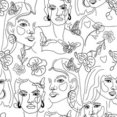 Seamless Pattern of Womans Face Minimal Line Style ol-line drawing. Abstract Contemporary collage in a modern trendy style. Vector female Portrait. Beauty Concept, t-Shirt Print, card, poster,fabric.
