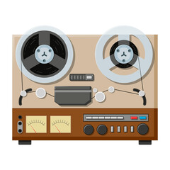 Tape recorder, deck or machine in retro style with bobbins. Sound retro audio device.