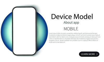 Obraz premium Mock up phone with a blank screen on a white background with blue objects. Model of a modern communication device. Template for web site interface design. Vector illustration