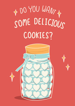 Do you want some delicious cookies vector illustration. Cute drawing cookies vector. Retro greeting card. Heart cookies in the jar vector.