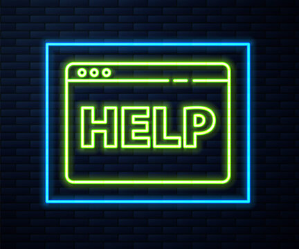 Glowing neon line Browser help icon isolated on brick wall background. Internet communication protocol. Vector Illustration.
