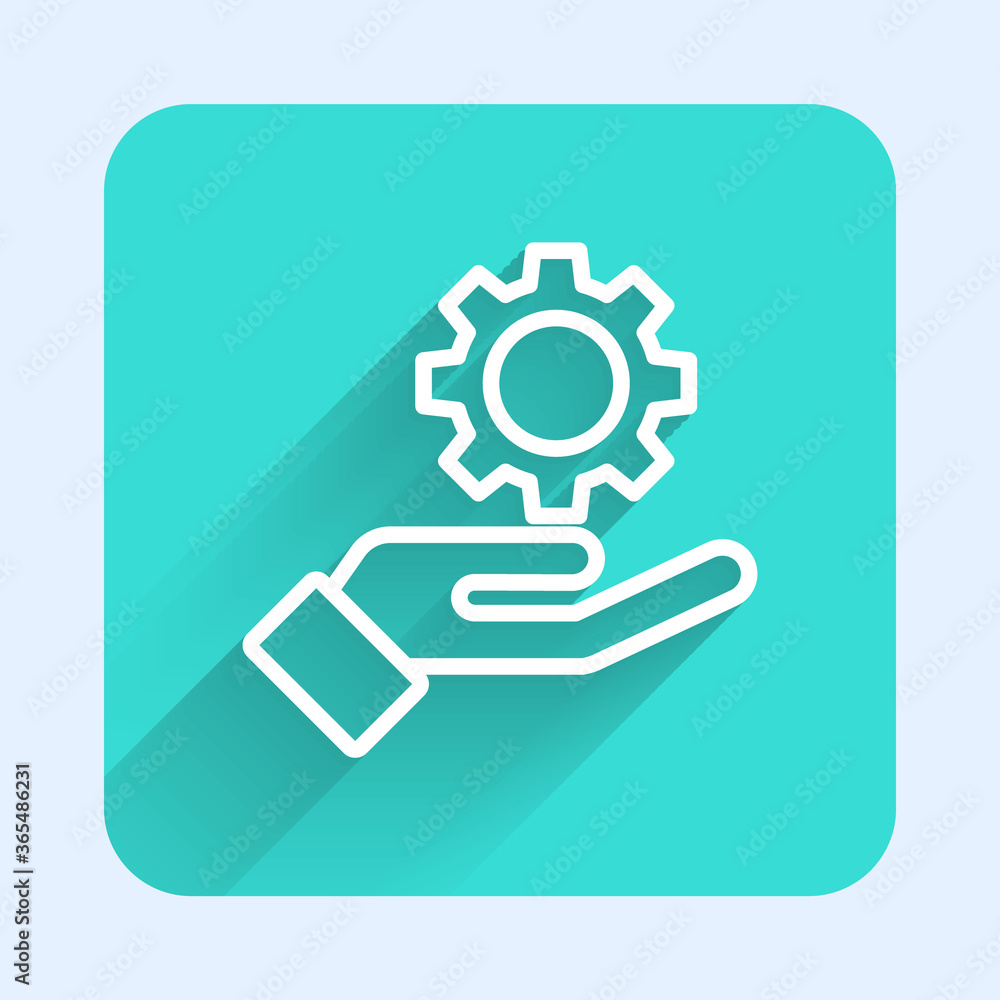 Poster white line settings in the hand icon isolated with long shadow. green square button. vector illustra