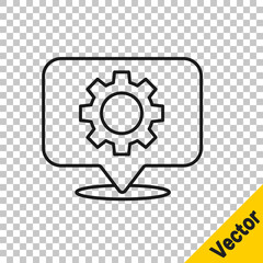 Black line Location with gear icon isolated on transparent background. Vector Illustration.