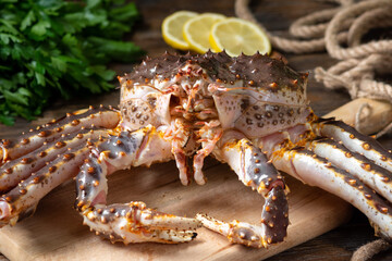 Kamchatka crab. King raw crab on the kitchen table. Kamchatka crab is on the table. Cooking process	