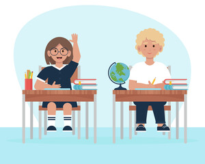 Children in class, at the table. Back to school concept. Vector illustration in flat style